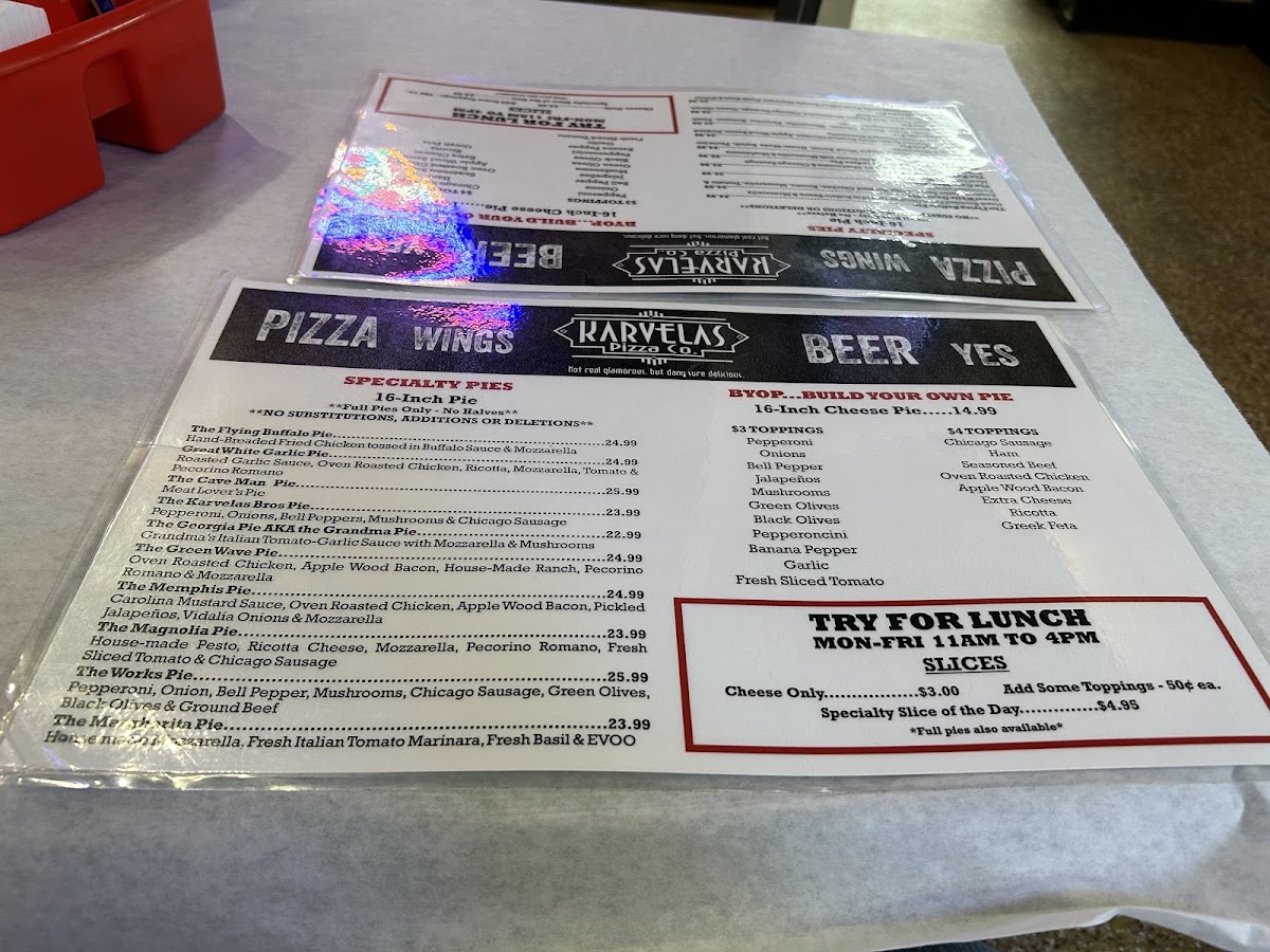 Karvelas Pizza Co. West Point menu board