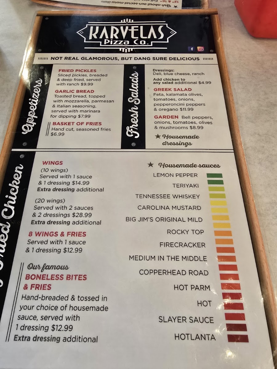 Karvelas Pizza Co. West Point menu board