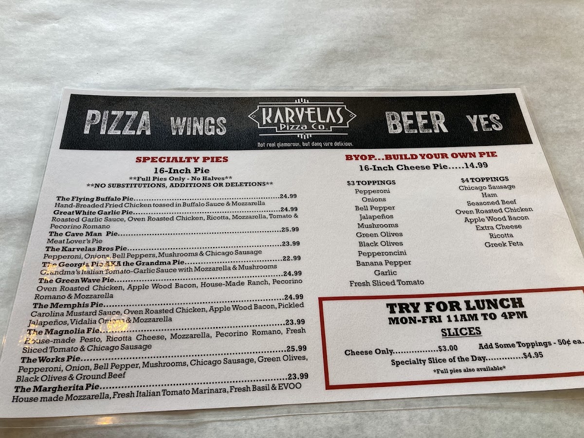 Karvelas Pizza Co. West Point menu board