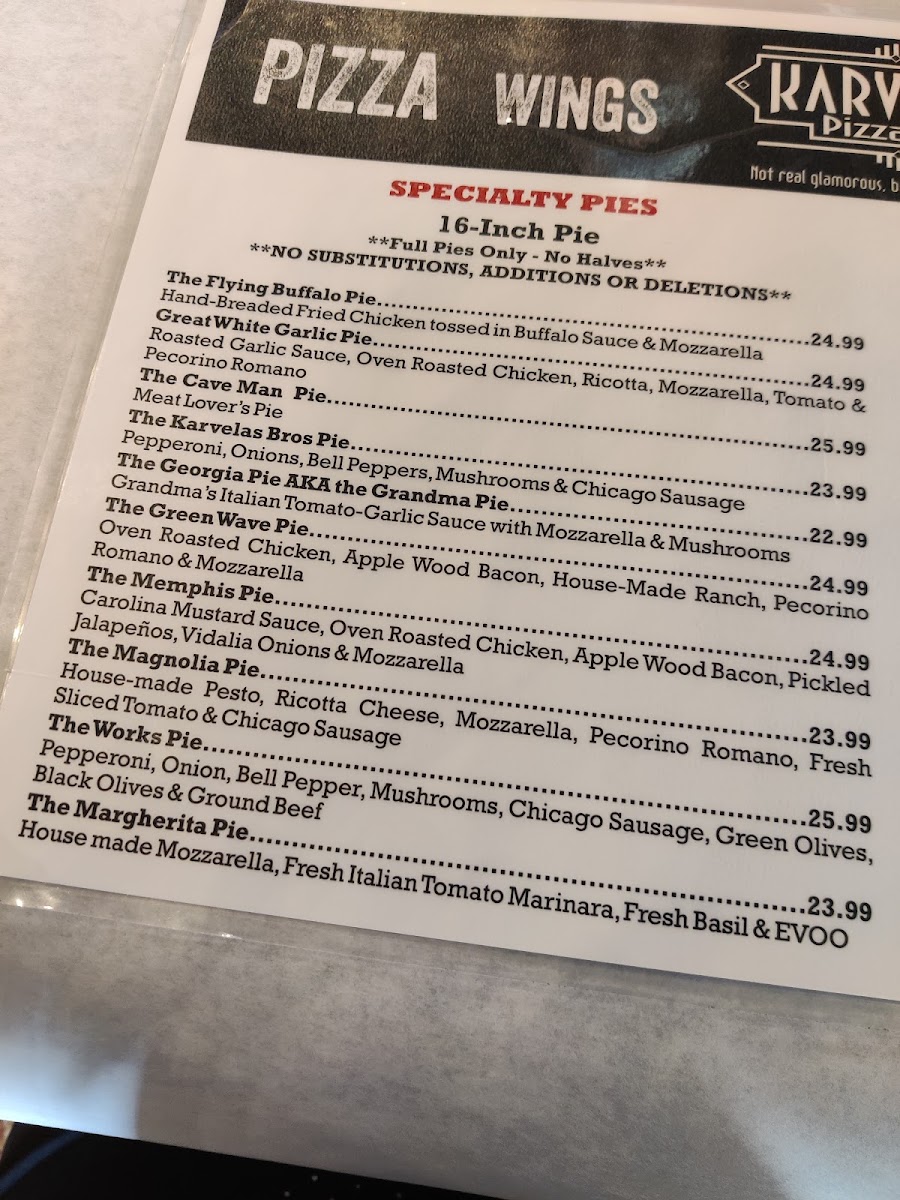 Karvelas Pizza Co. West Point menu board