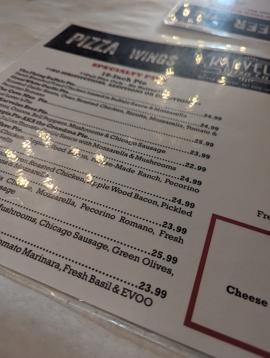 Karvelas Pizza Co. West Point menu board