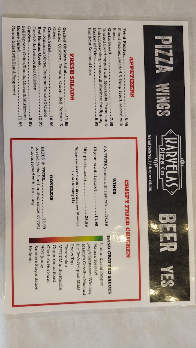 Karvelas Pizza Co. West Point menu board