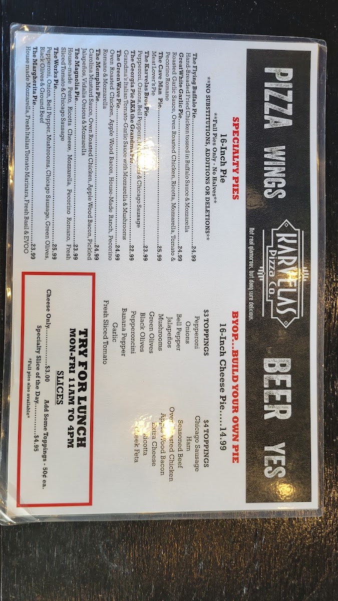 Karvelas Pizza Co. West Point menu board