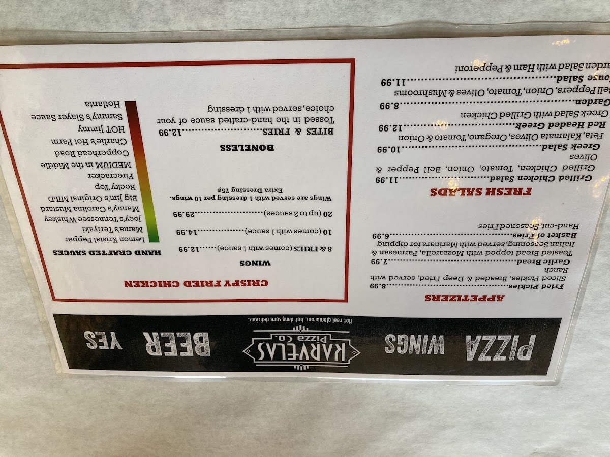 Karvelas Pizza Co. West Point menu board