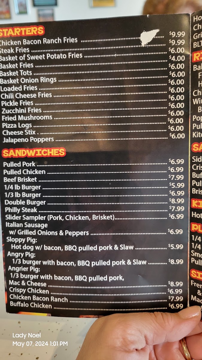 Sticky Fingers BBQ & Cafe menu board