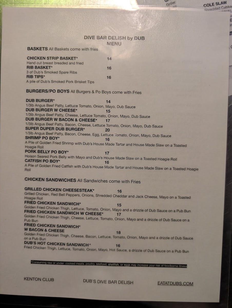 Dub’s Dive Bar Delish menu board