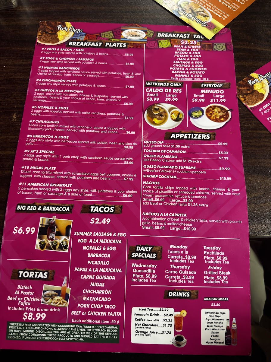 La Carreta Mexican Grill menu board