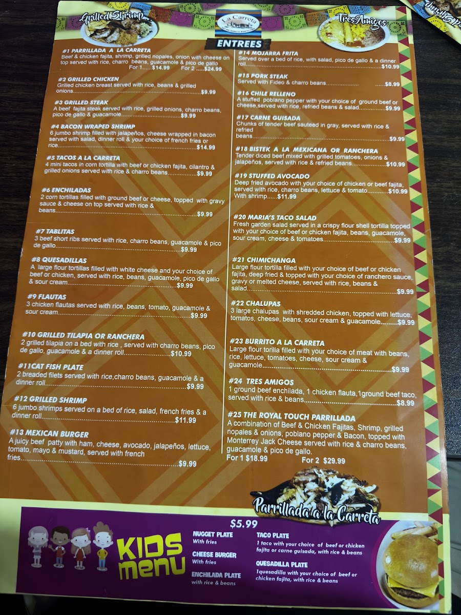 La Carreta Mexican Grill menu board