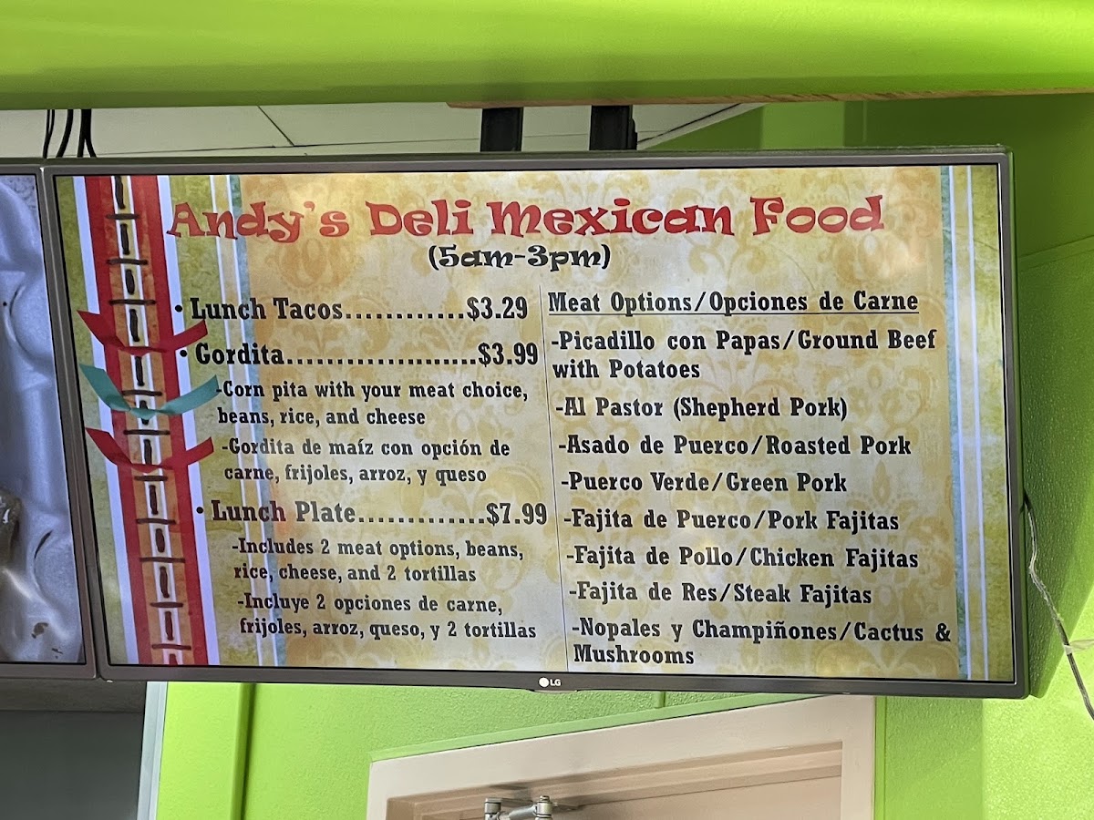 Andy’s Deli Mexican Food menu board