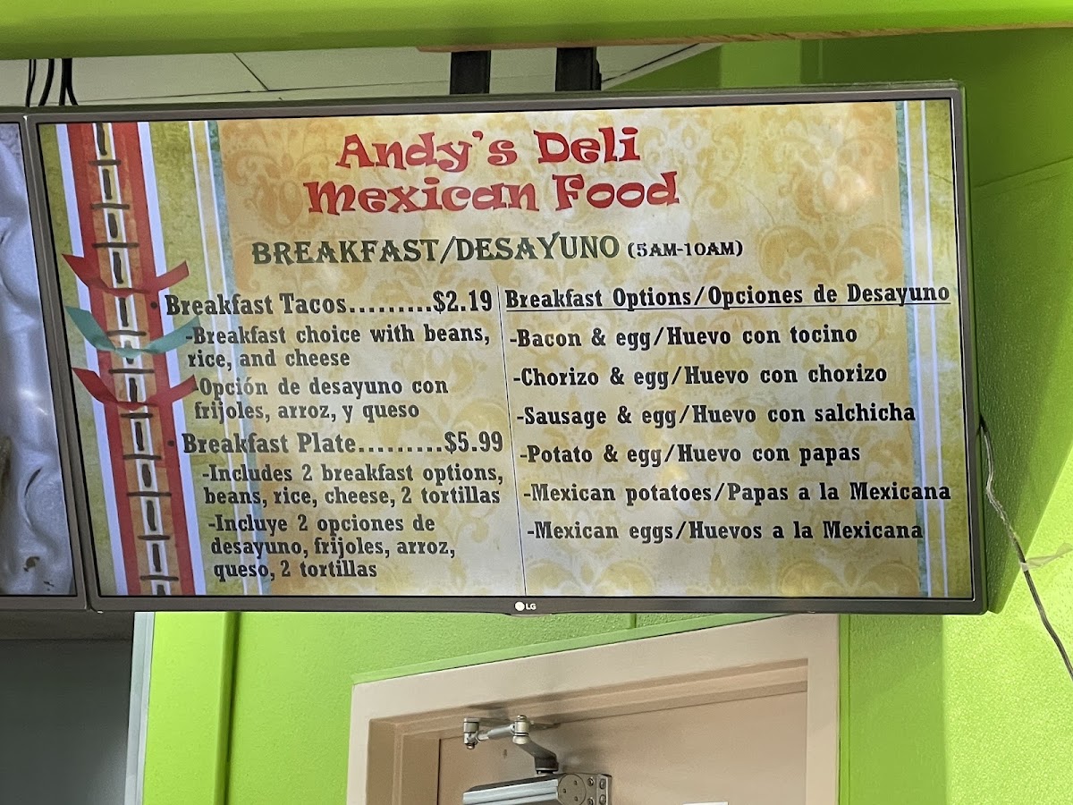 Andy’s Deli Mexican Food menu board