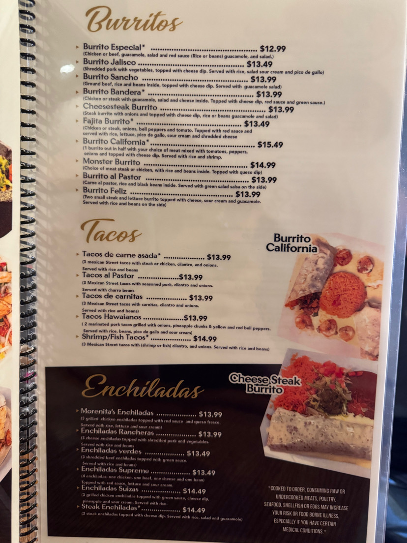 La Morenita Mexican Restaurant menu board