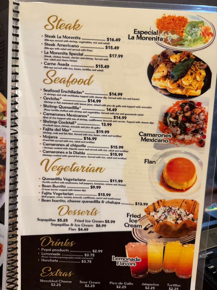 La Morenita Mexican Restaurant menu board