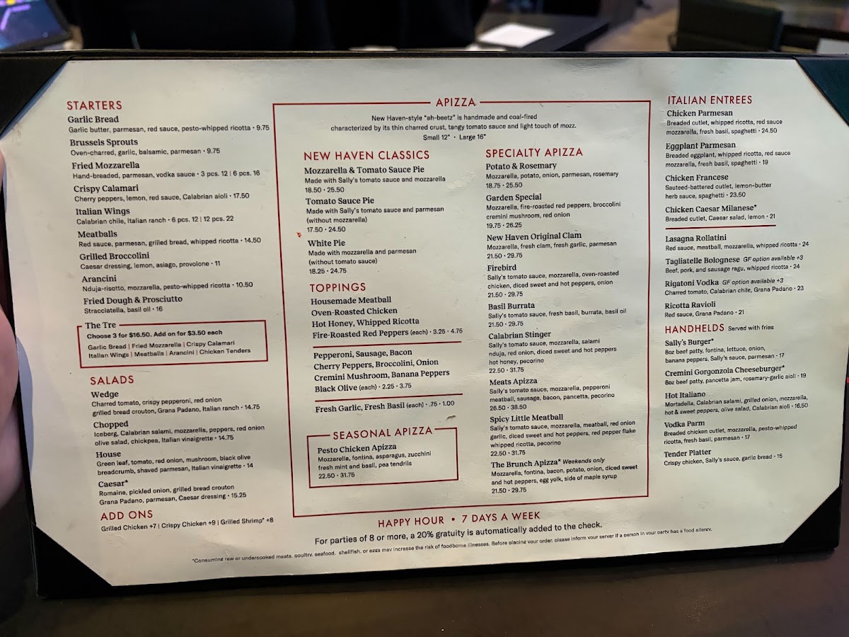 Sally's Apizza menu board