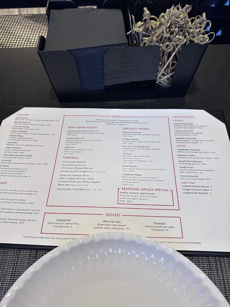 Sally's Apizza menu board