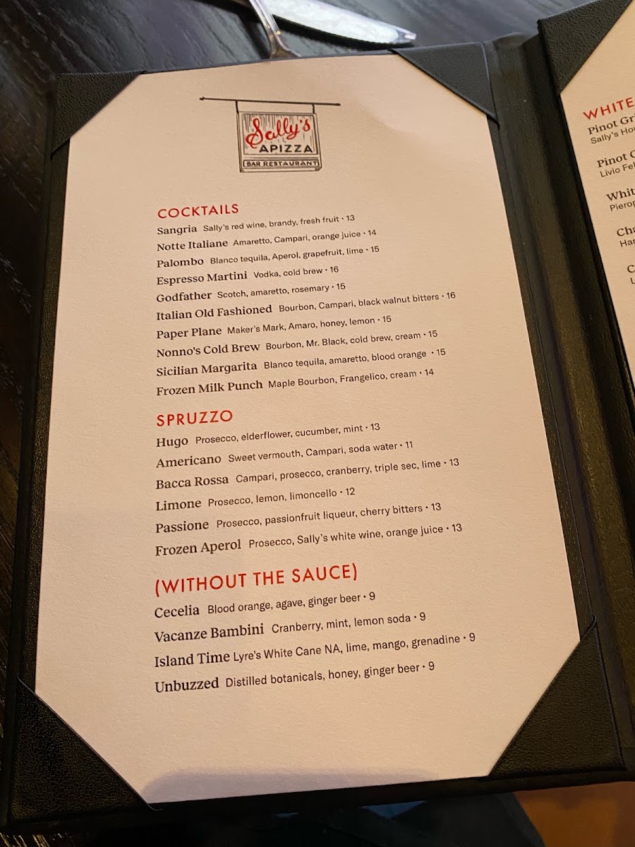 Sally's Apizza menu board