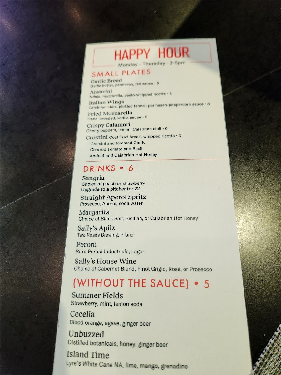 Sally's Apizza menu board