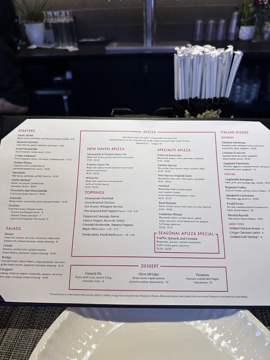Sally's Apizza menu board