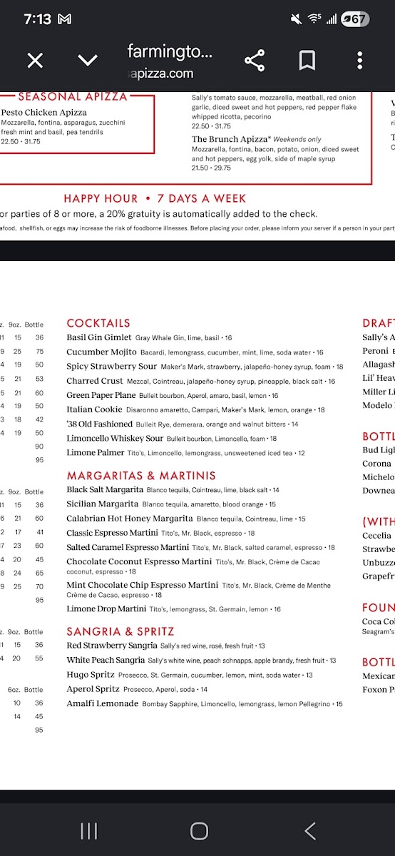 Sally's Apizza menu board