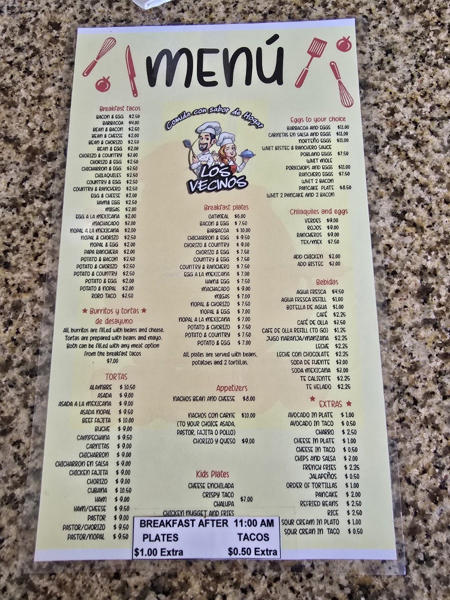 LOS VECINOS RESTAURANT menu board