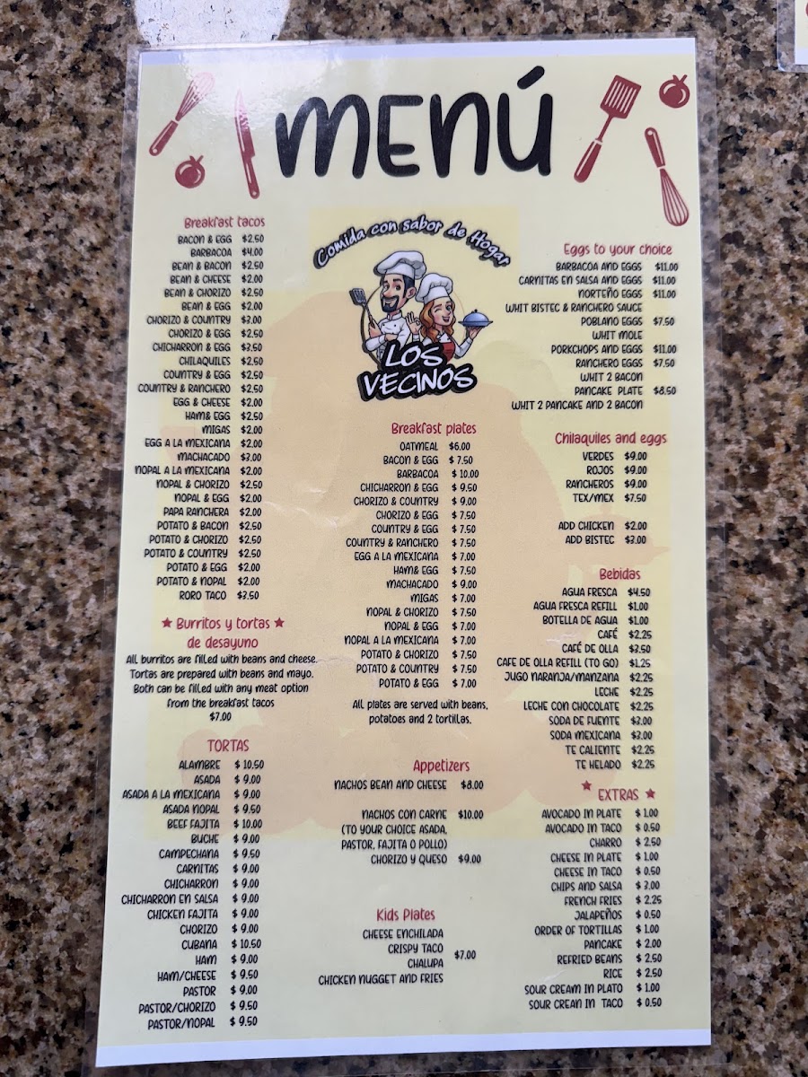 LOS VECINOS RESTAURANT menu board