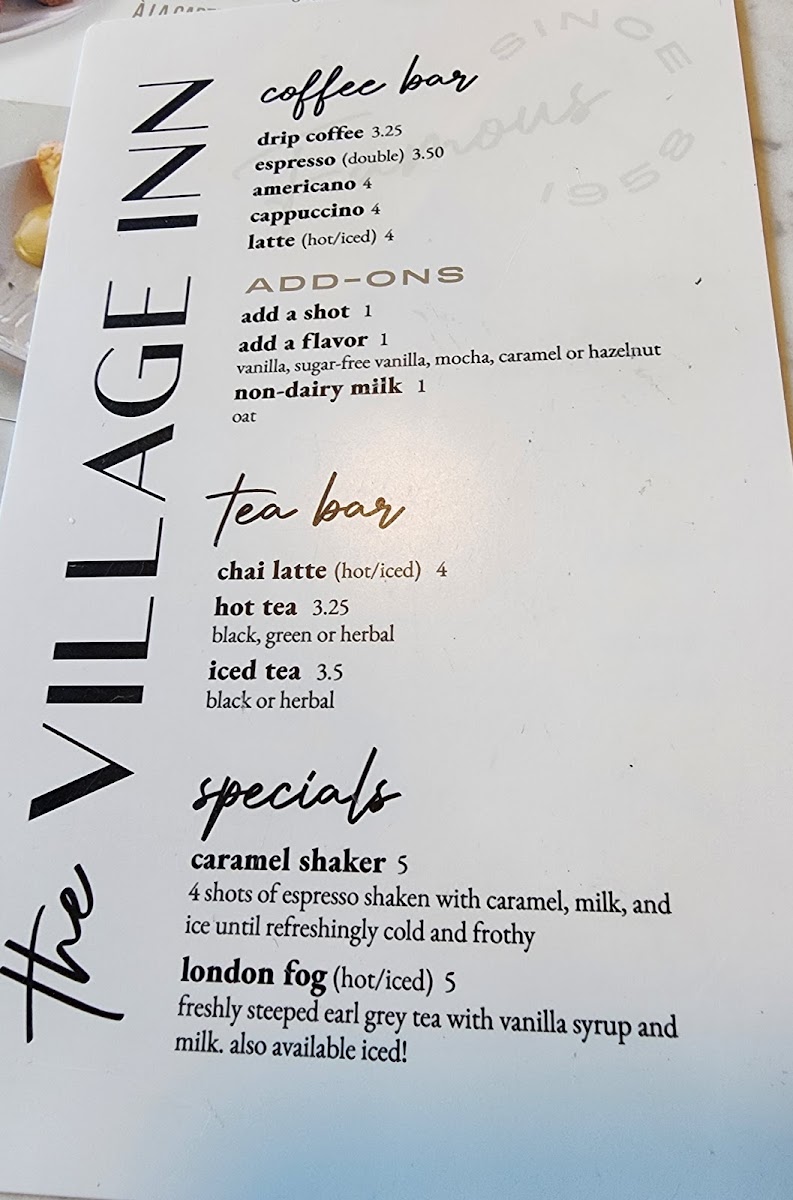 Village Inn menu board