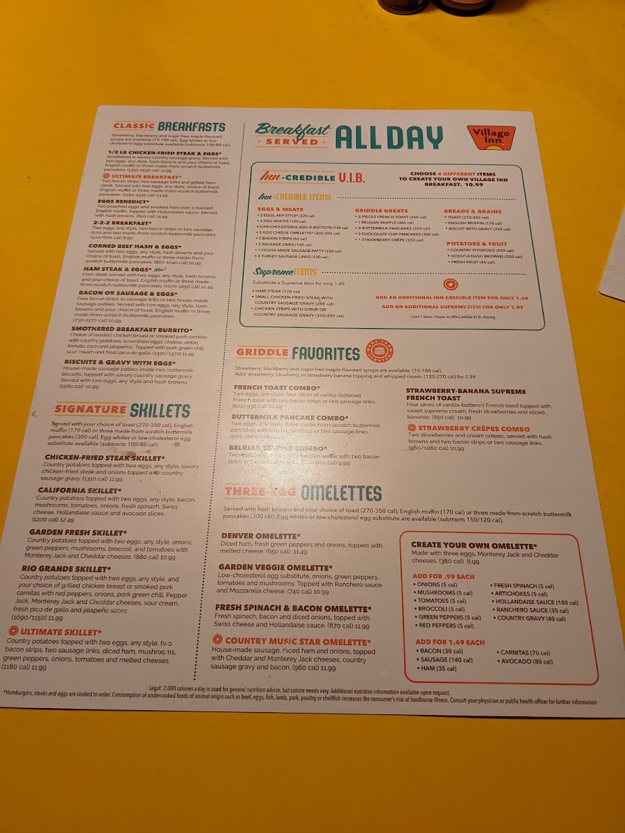 Village Inn menu board