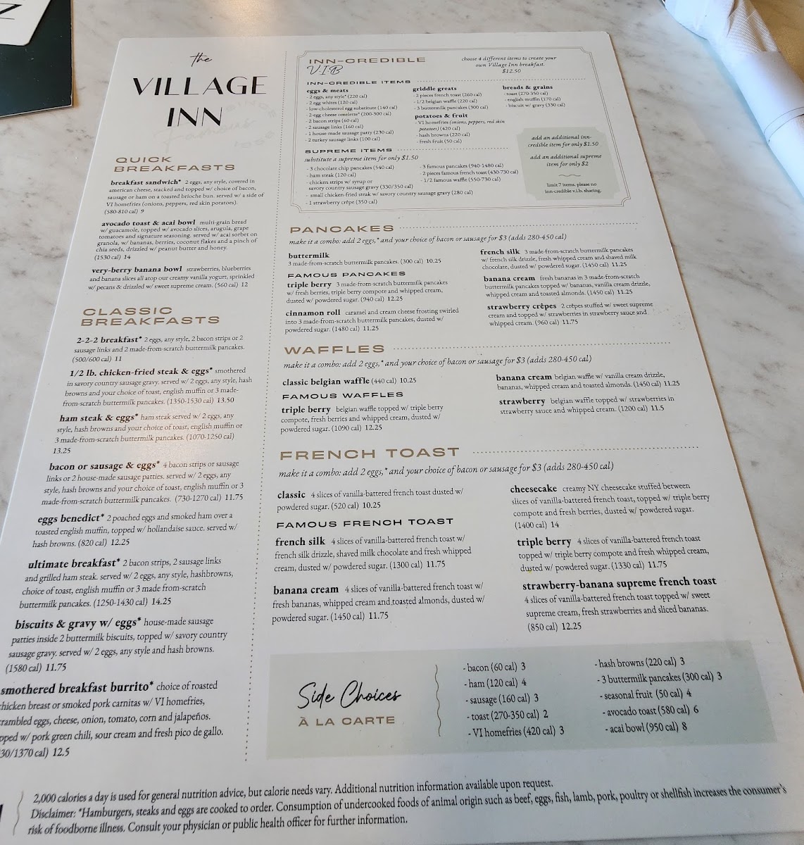 Village Inn menu board