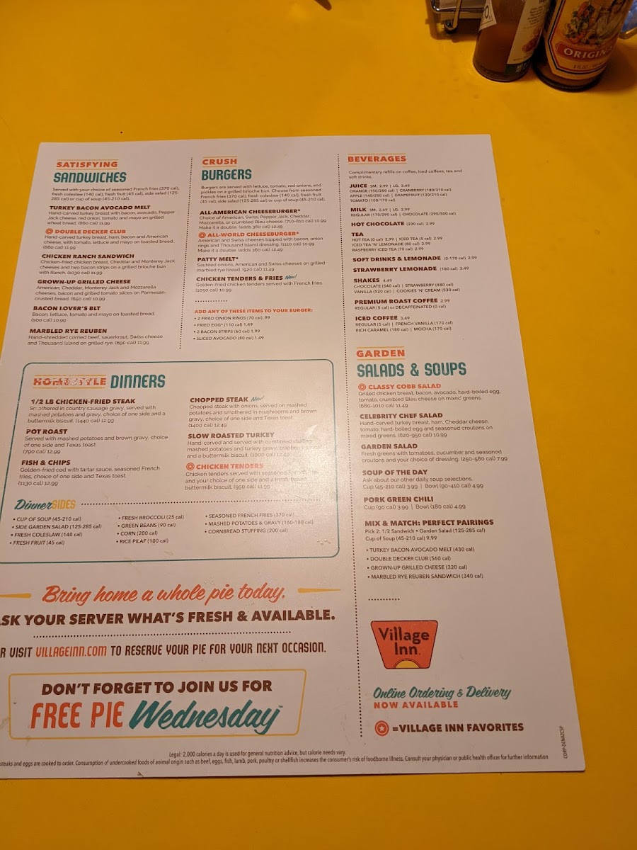 Village Inn menu board
