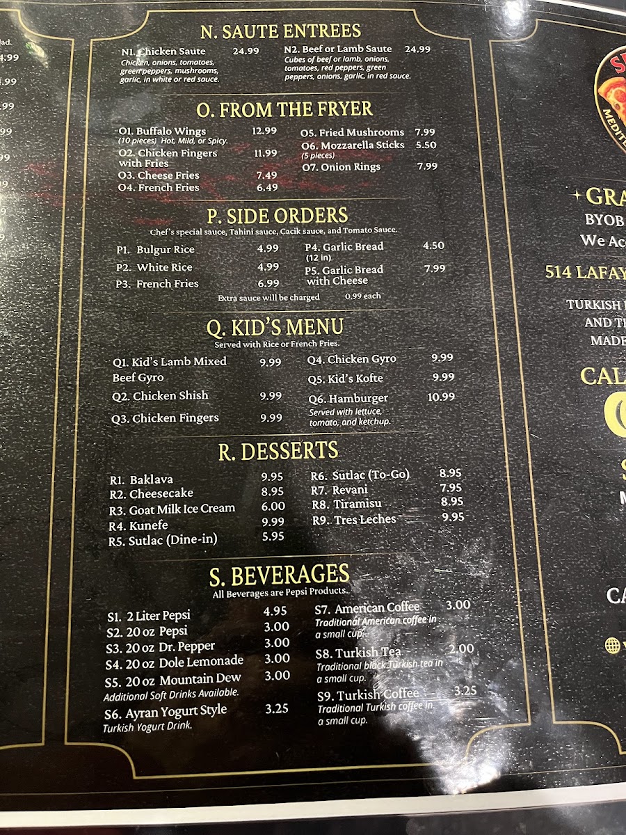 Sparta Mediterranean Cuisine & Pizza menu board