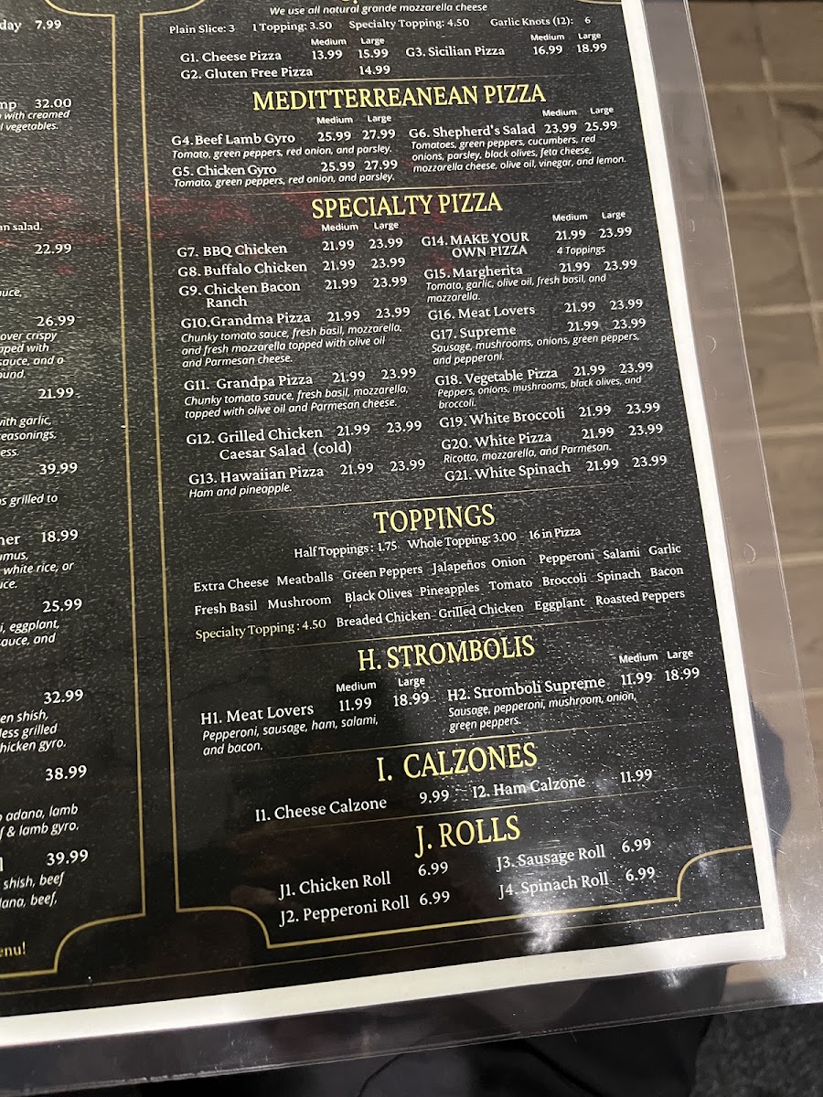 Sparta Mediterranean Cuisine & Pizza menu board