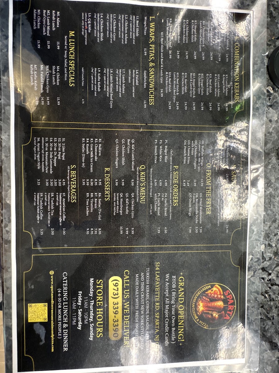 Sparta Mediterranean Cuisine & Pizza menu board