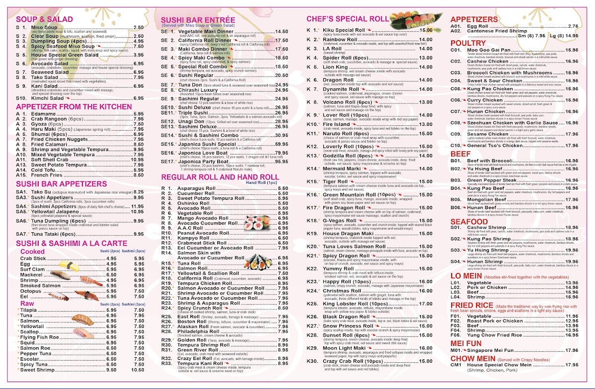 Kiku Fusion Japanese & Chinese Restaurant menu board