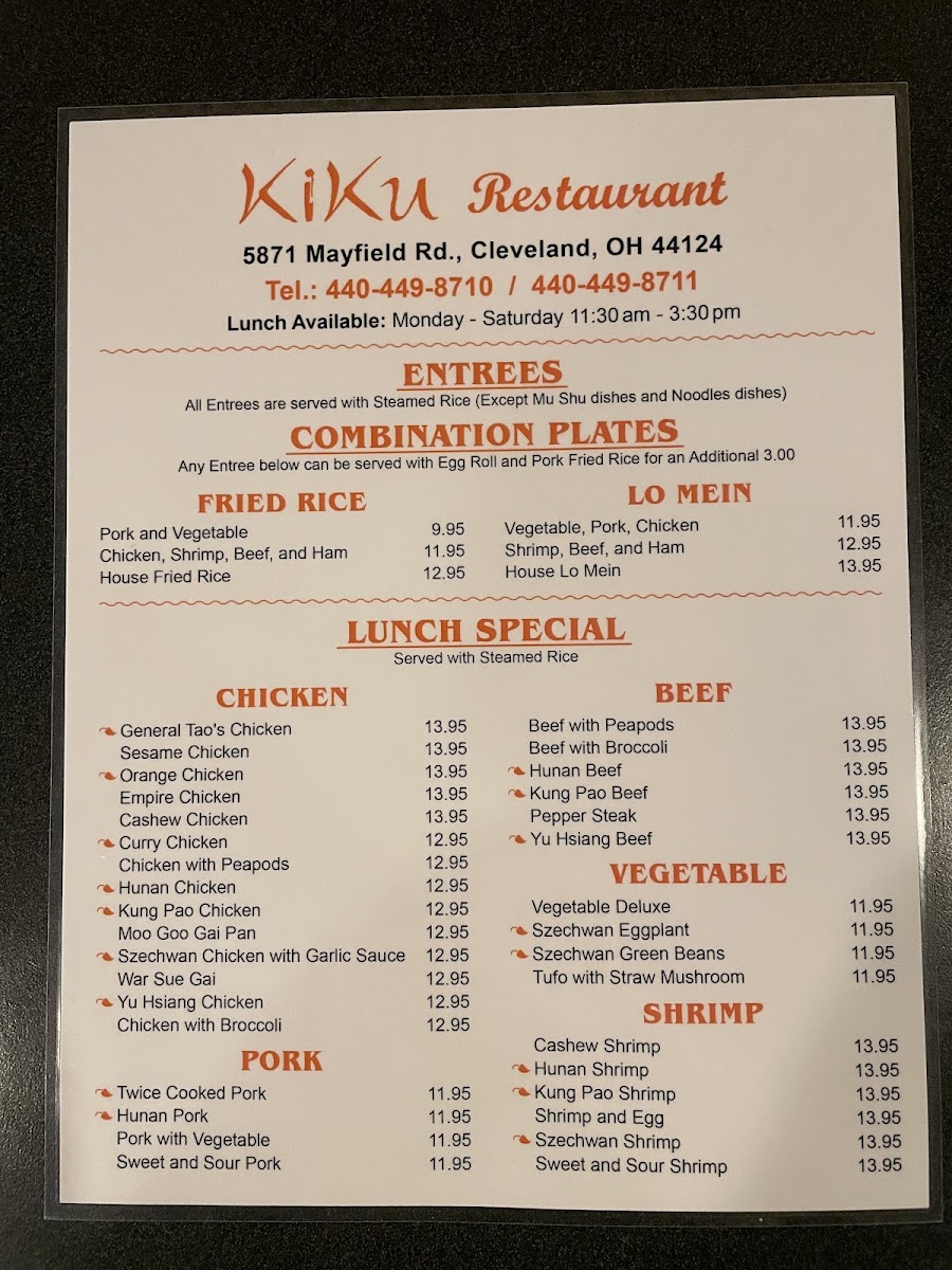 Kiku Fusion Japanese & Chinese Restaurant menu board