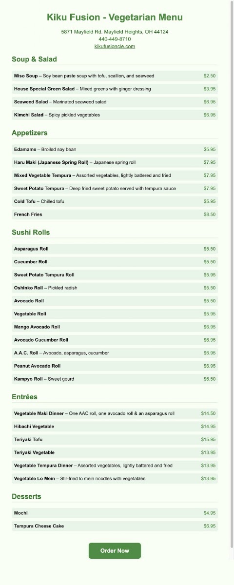 Kiku Fusion Japanese & Chinese Restaurant menu board