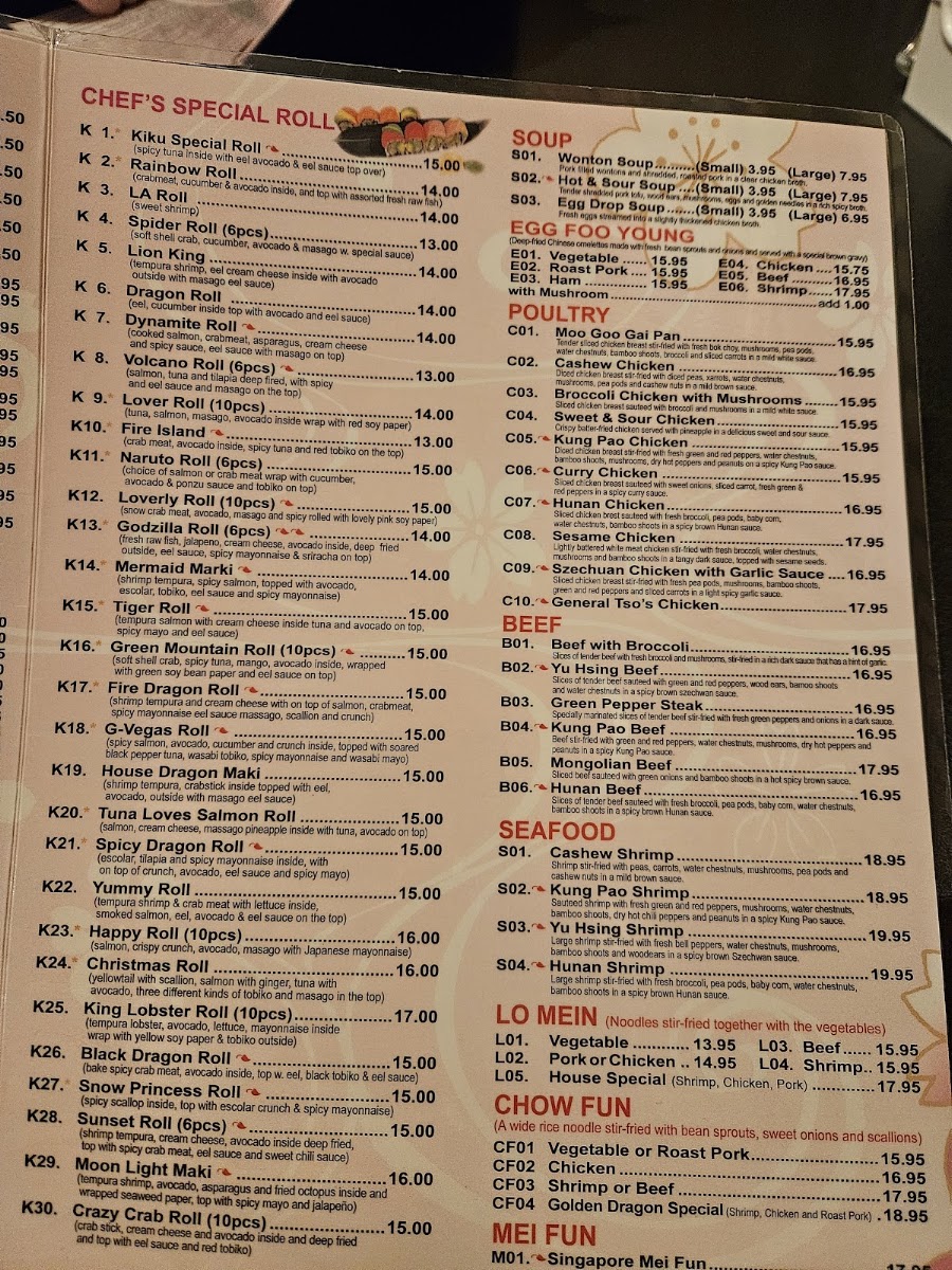 Kiku Fusion Japanese & Chinese Restaurant menu board