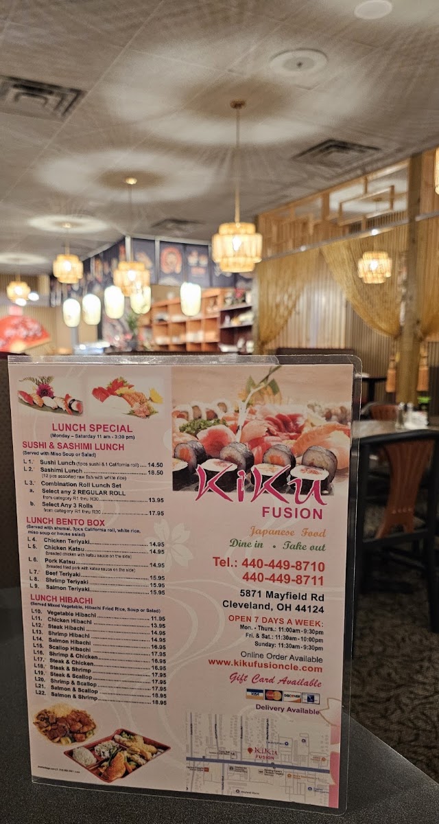 Kiku Fusion Japanese & Chinese Restaurant menu board