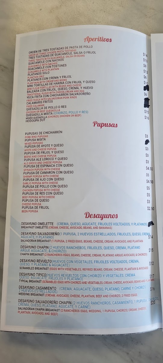 El Salvadoreño Chapin Restaurant menu board