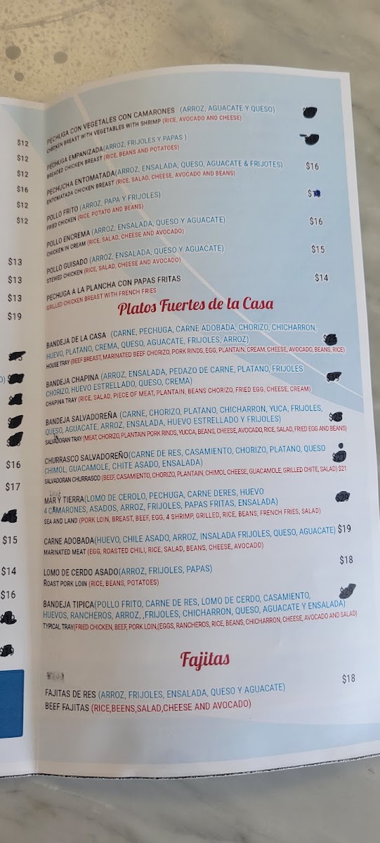 El Salvadoreño Chapin Restaurant menu board