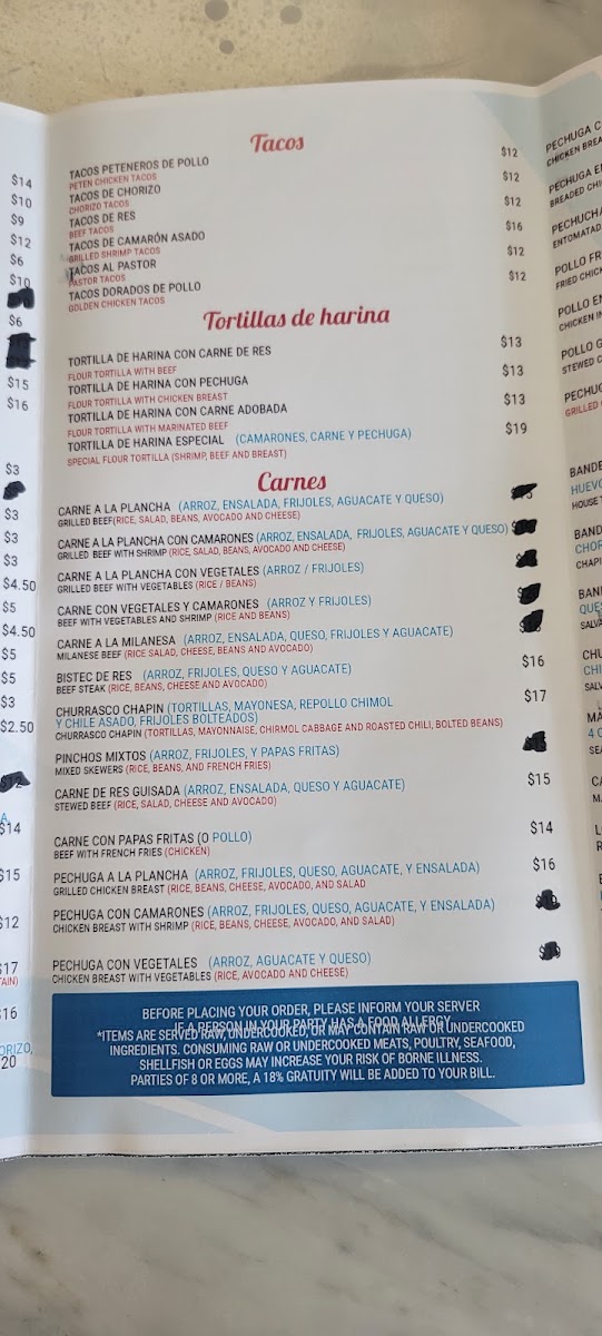 El Salvadoreño Chapin Restaurant menu board