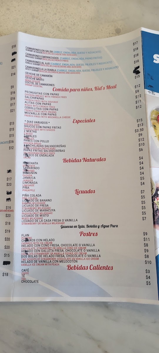 El Salvadoreño Chapin Restaurant menu board