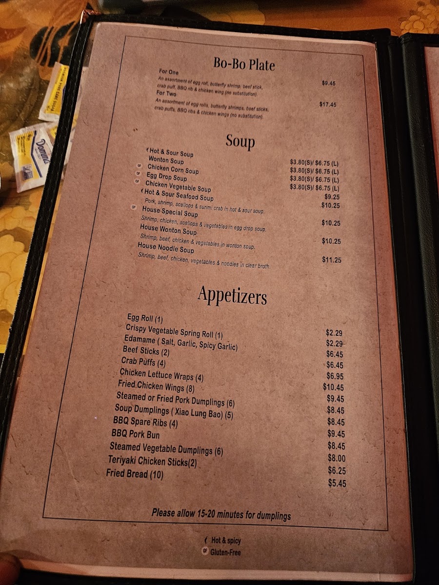 Hunan Garden Restaurant menu board