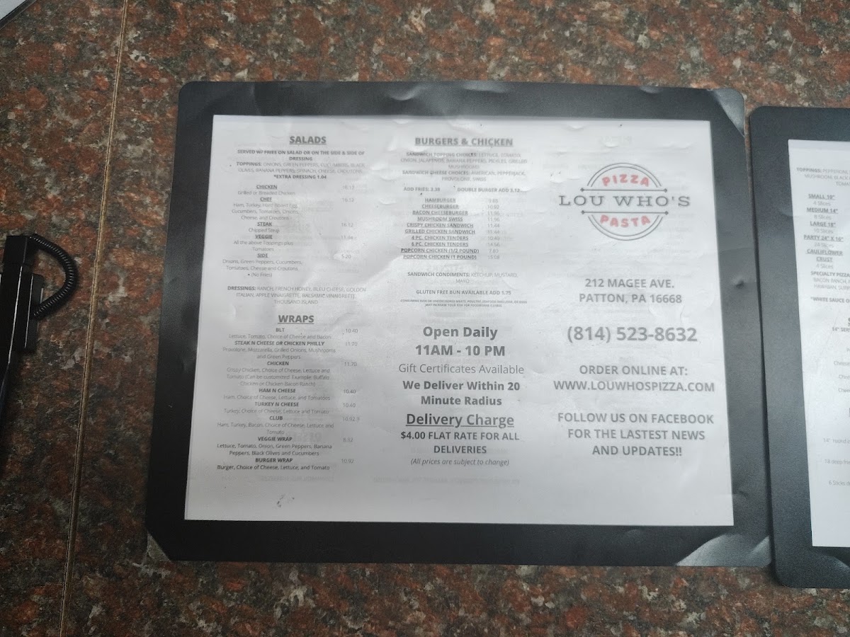 Lou Who's Pizza & Pasta menu board