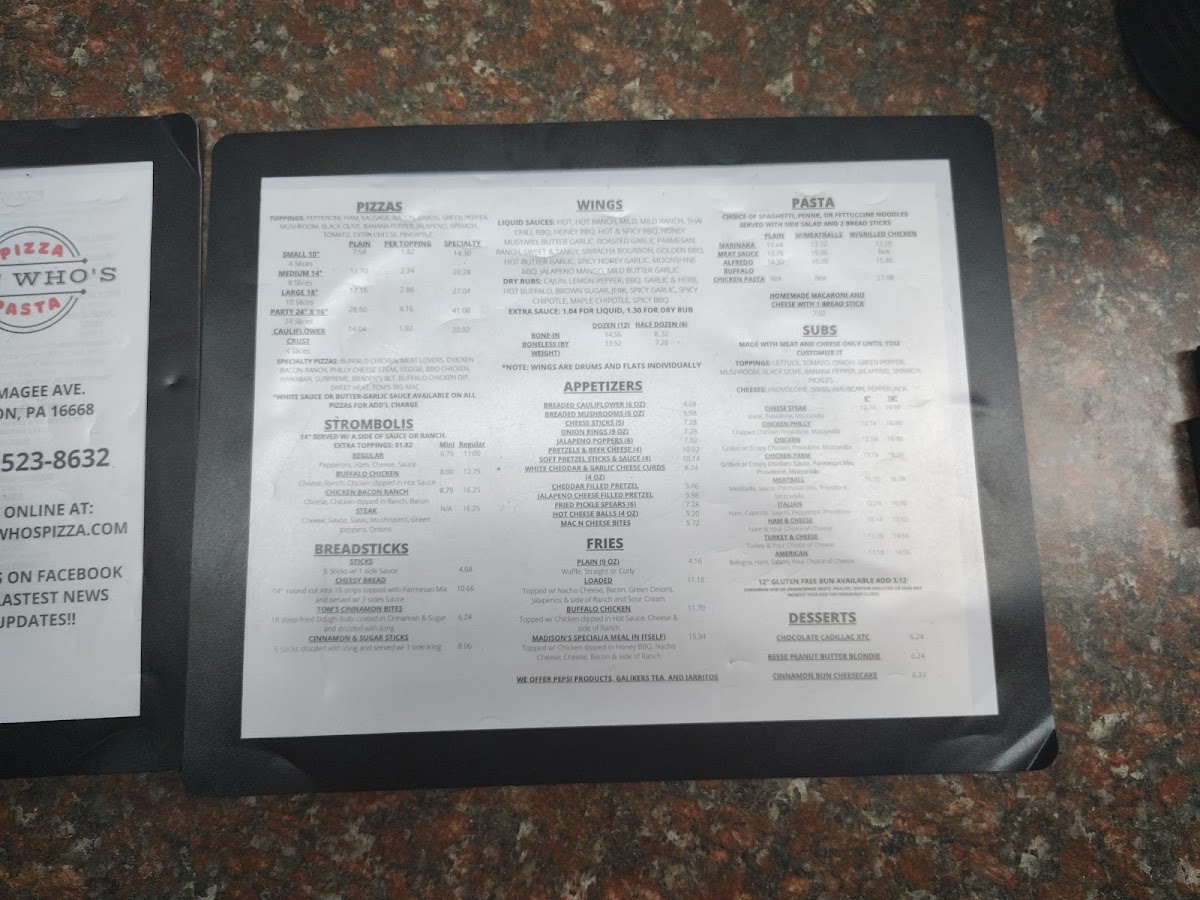 Lou Who's Pizza & Pasta menu board