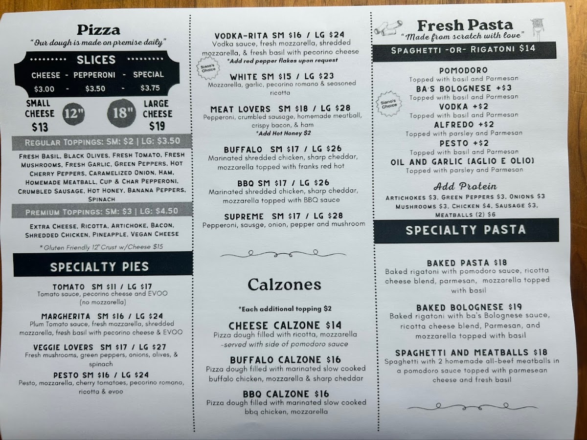 Siano's Pizza and Pasta menu board