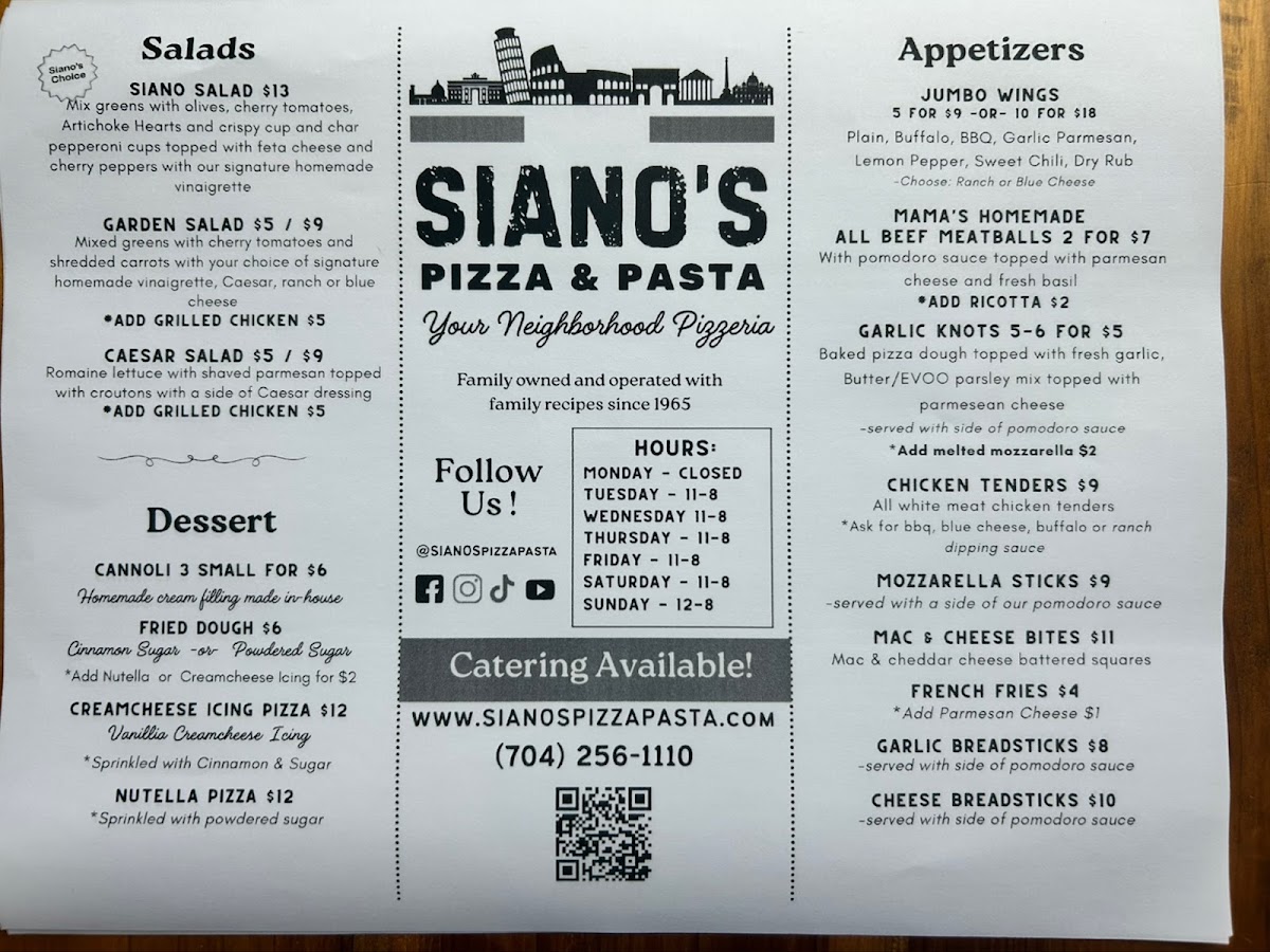 Siano's Pizza and Pasta menu board