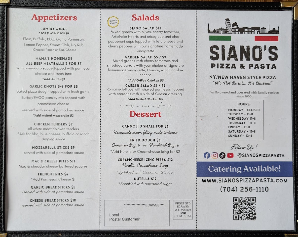 Siano's Pizza and Pasta menu board