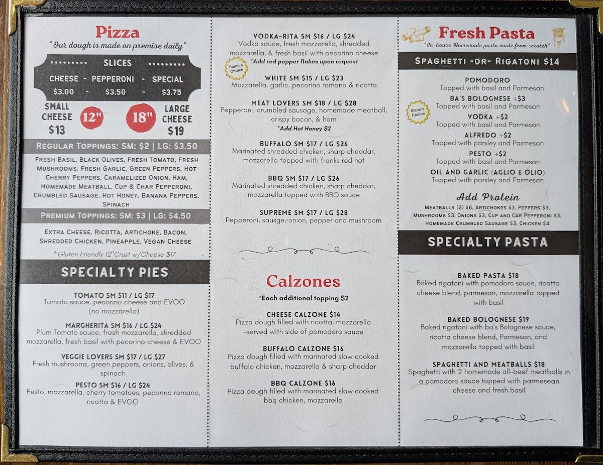 Siano's Pizza and Pasta menu board
