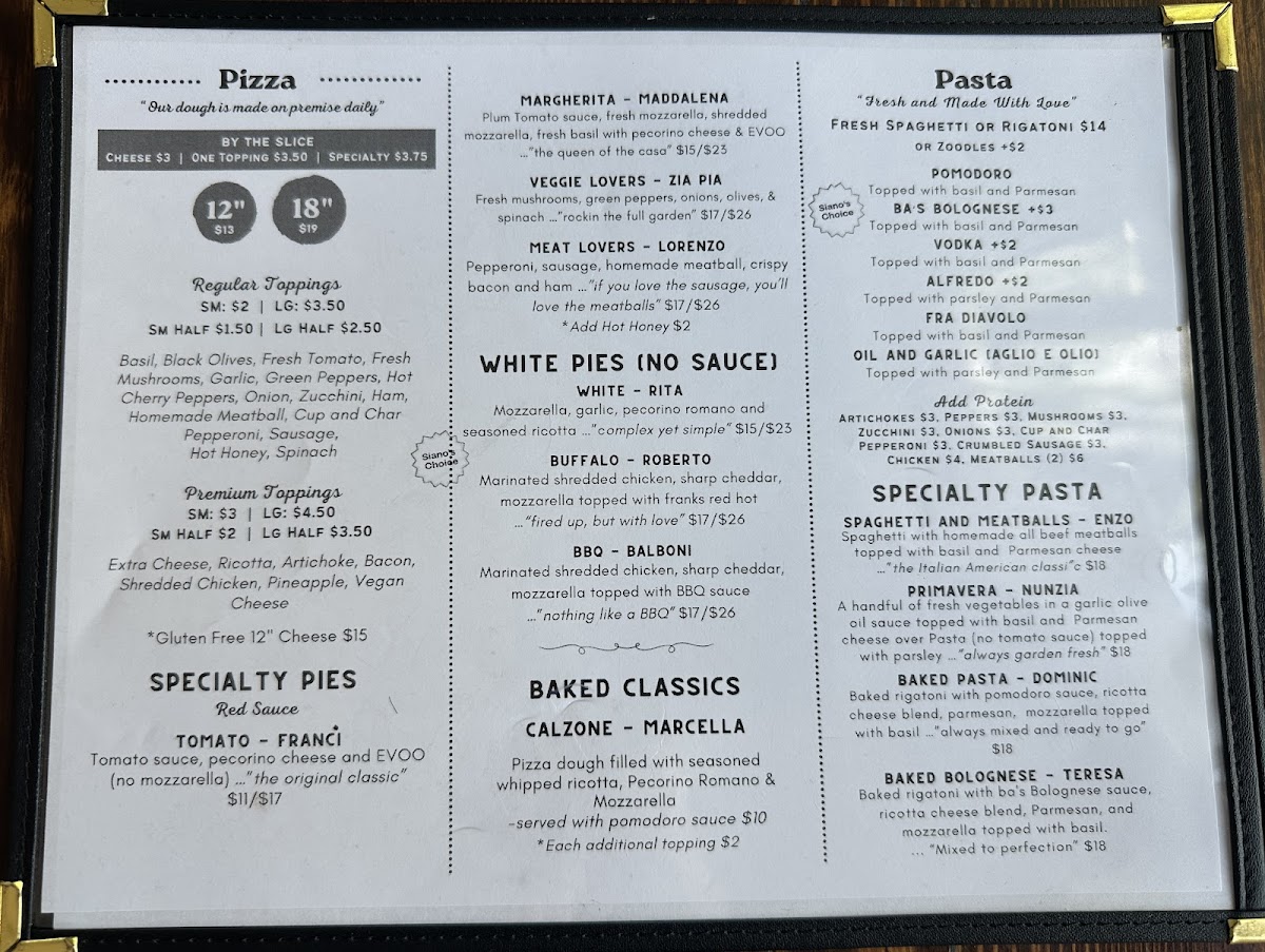 Siano's Pizza and Pasta menu board