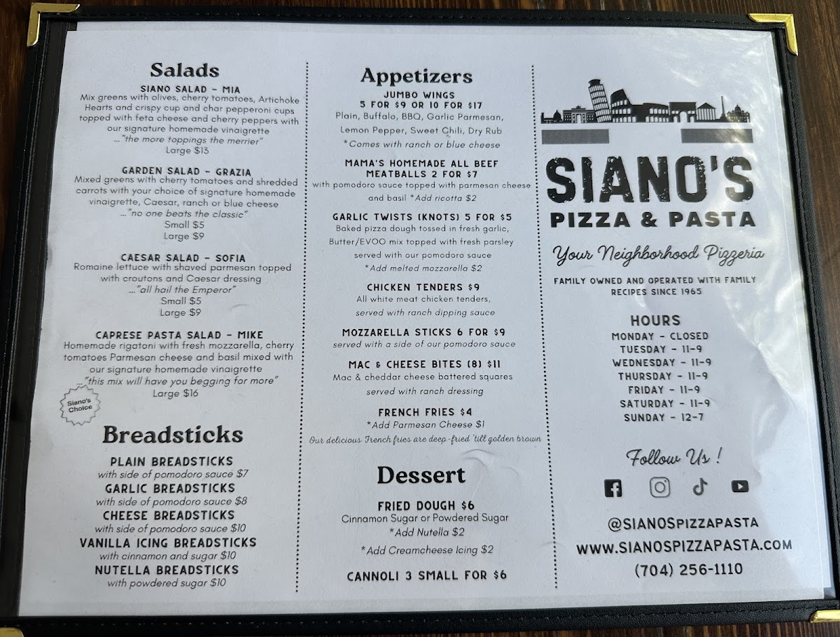 Siano's Pizza and Pasta menu board