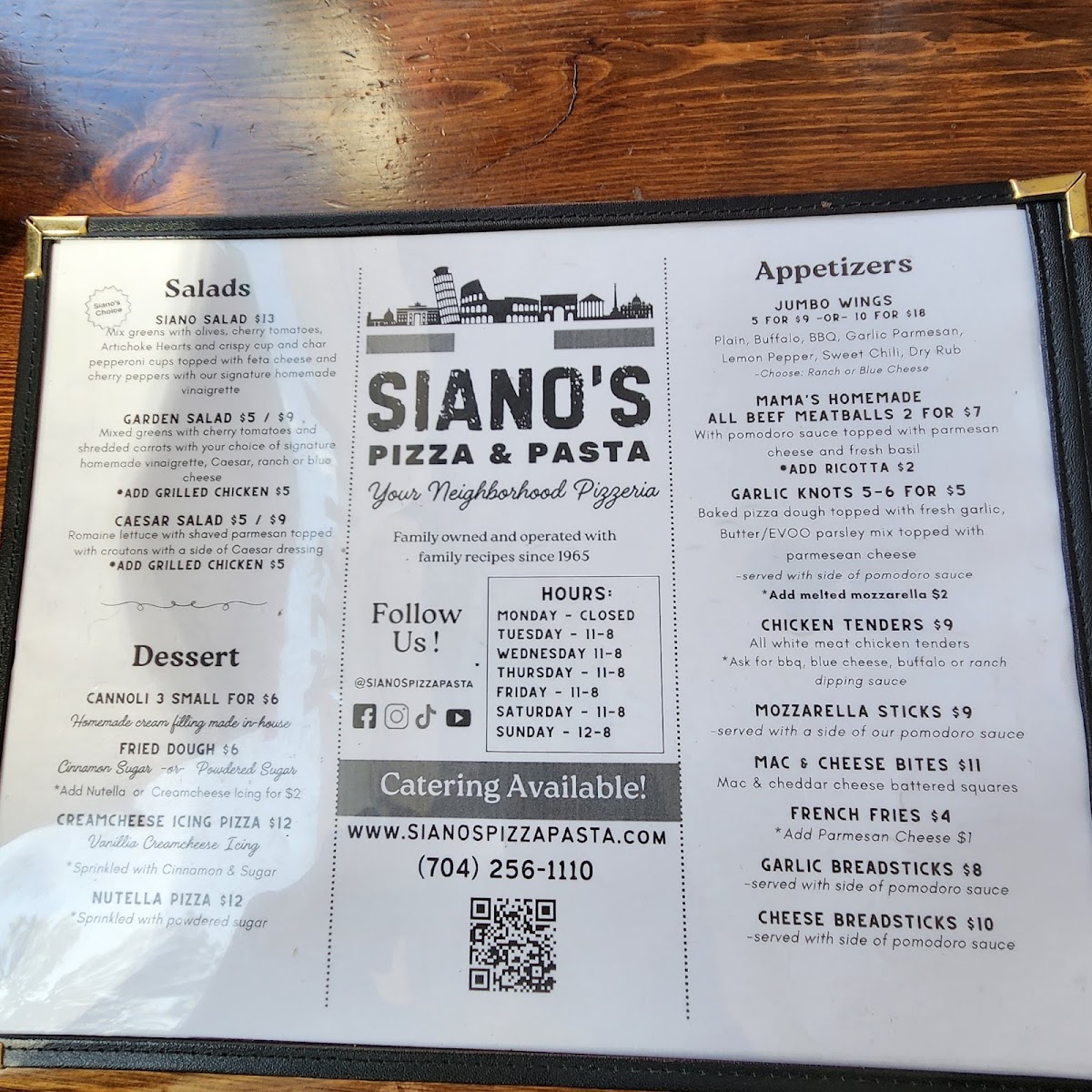 Siano's Pizza and Pasta menu board